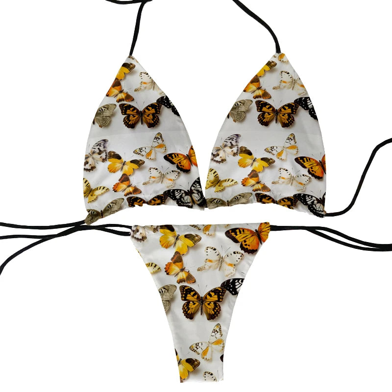 Funny colorful butterfly pattern bikini set swimsuit beach surfing vacation ladies deep V butterfly print bikini fashion gift