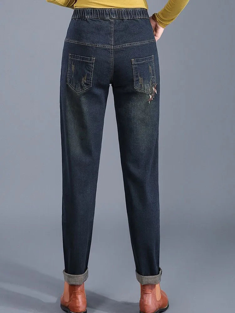 Embroidery Design Vintage Baggy Harem Jeans Women Casual Elastic High Waist Denim Pants Korean Streetwear Ankle Length Vaqueros