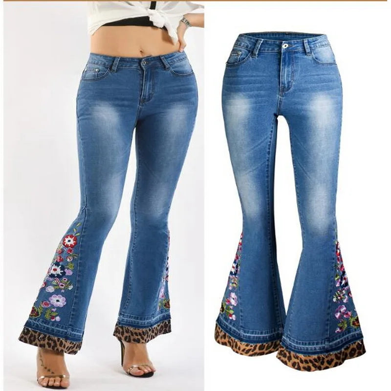 Women's Jeans Embroidered Flower Flared Denim Pants Multiple Styles Flared Jeans For Choose