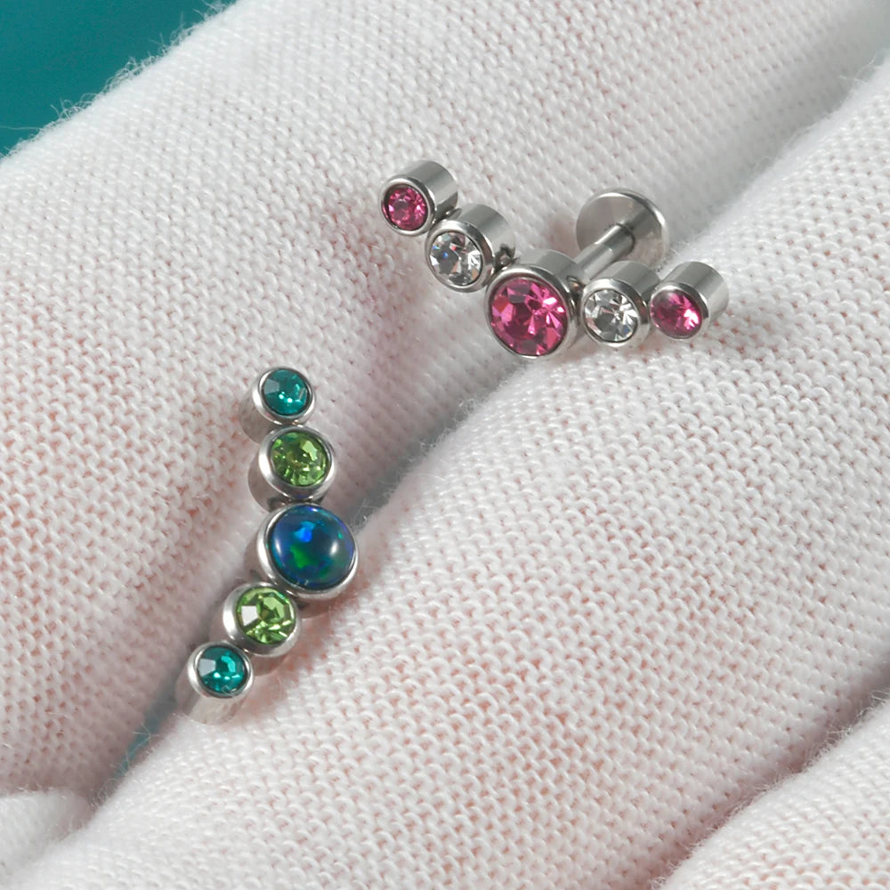 1PC Surgical Steel Internal Thread Labret Lip Ring Opal&Zircon Cluster Curved Ear Cartilage Tragus Helix Daith Piercing Jewelry