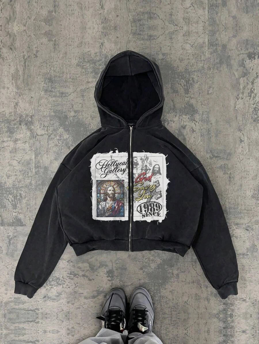 Y2K retro hip-hop trend pattern print men clothing streetwear hoodie fall winter Harajuku jacket gothic casual zip up hoodies