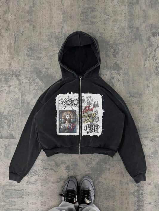 Y2K retro hip-hop trend pattern print men clothing streetwear hoodie fall winter Harajuku jacket gothic casual zip up hoodies