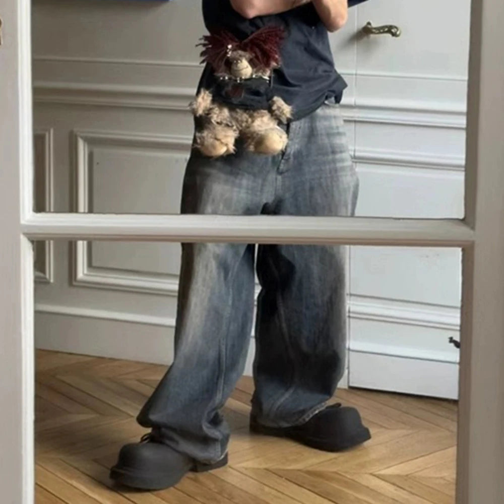 Y2k High Street Washed Blue Baggy Jeans for Men Straight Ropa Hombre Wide Leg Casual Denim Trousers Oversize Loose Cargo Pants