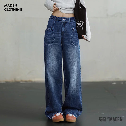 Maden Wide-Leg Jeans for Women 11.8OZ Washed Denim Multipocket Straight Pants Mid-waist Cotton Denim Jeans Streetwear Autumn