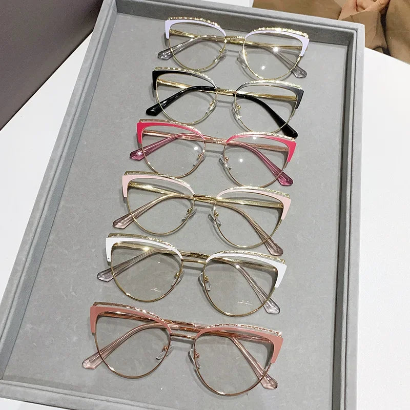 Fashionable New Cat-eye Plain Glasses Frame Women's Metal Hollowed Out Optical Spectacle Eyeglass Anti-blue Light Glasses