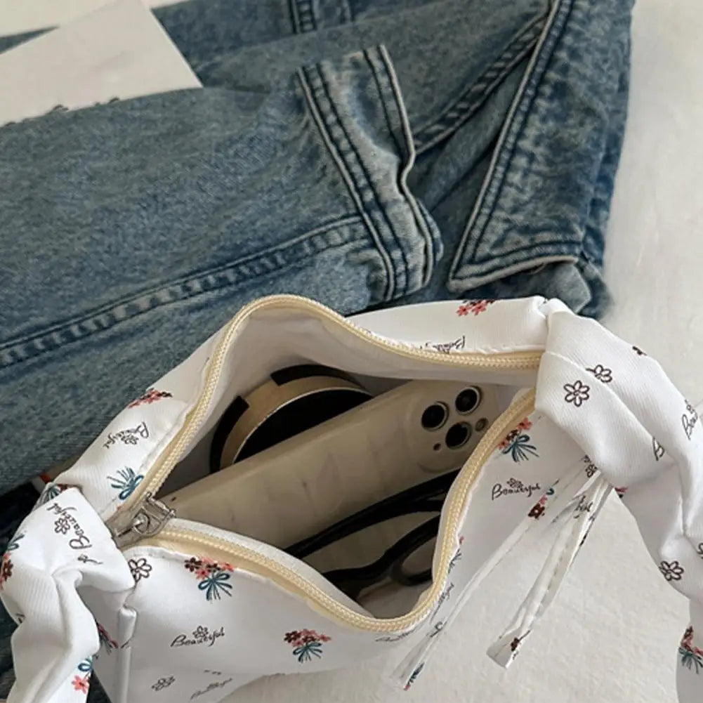 Women's Small Corduroy Handbag - Cute Pleated Shoulder Bag with Half-Moon Flower Print