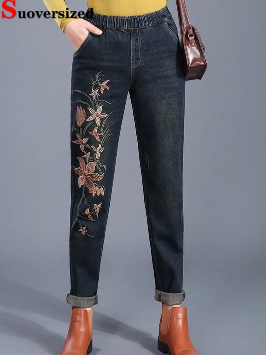 Embroidery Design Vintage Baggy Harem Jeans Women Casual Elastic High Waist Denim Pants Korean Streetwear Ankle Length Vaqueros