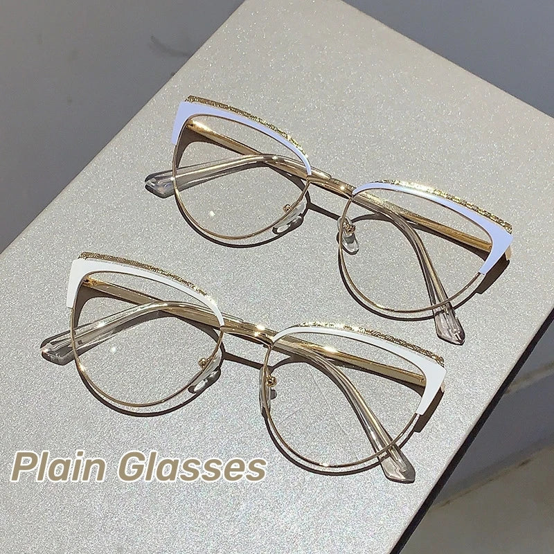 Fashionable New Cat-eye Plain Glasses Frame Women's Metal Hollowed Out Optical Spectacle Eyeglass Anti-blue Light Glasses