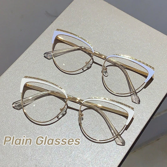 Fashionable New Cat-eye Plain Glasses Frame Women's Metal Hollowed Out Optical Spectacle Eyeglass Anti-blue Light Glasses