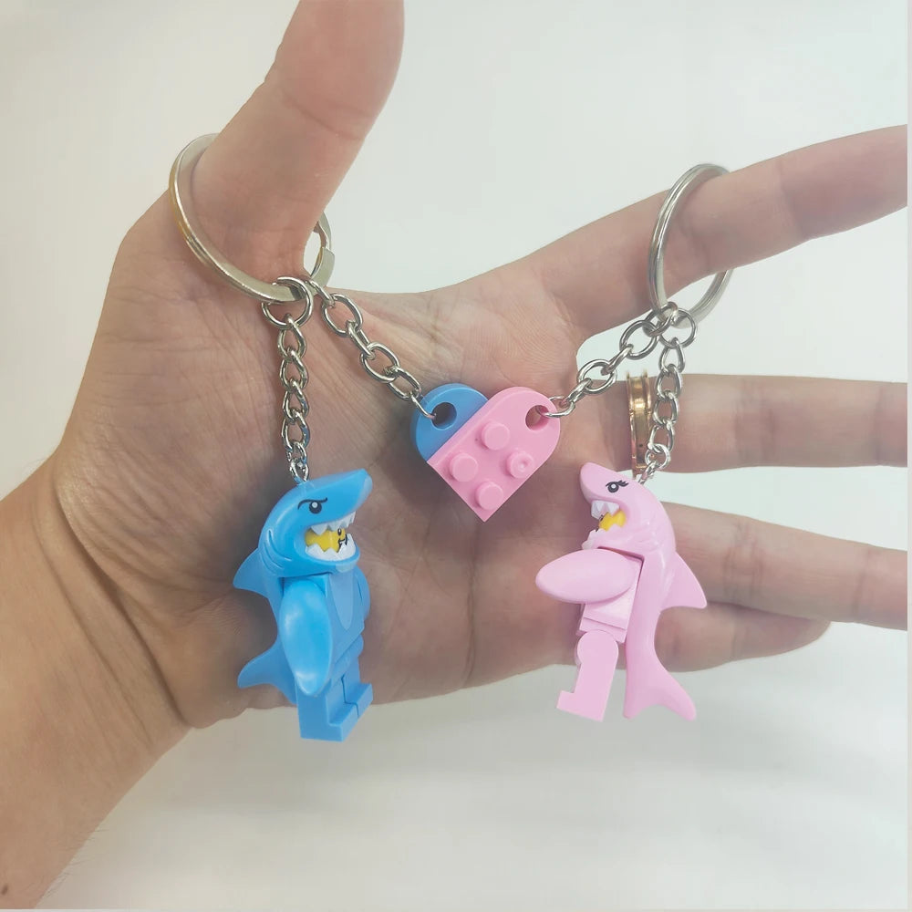 Cartoon Shark Couple Keychains Set - Matching Pink & Blue Anime Keyring Charms for Lovers, Cute Bag/Car Decor Gift for Him Her