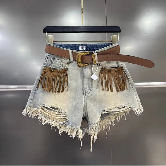 Hot Girl Fringe Frayed Edge Ripped Hole Jeans Women's 2025 New Summer Retro Slim Wide Leg Shorts Pants