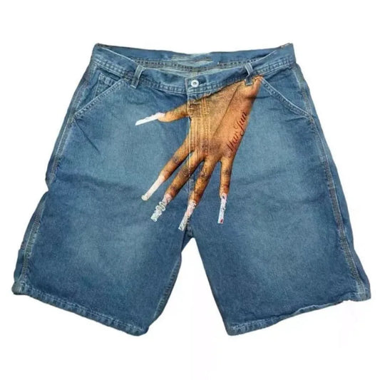Hand-painted Hip Hop Jean Shorts Button Vintage Baggy Denim Shorts Streetwear Wide Leg Short Pants Y2k Cargo Shorts For Men