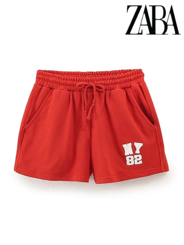 TRAFZA Women's Loose Letter Round Neck Pullover Half Sleeve Sweatshirt Lace Up Placket Shorts Casual Sporty Red Blend Knit Suit