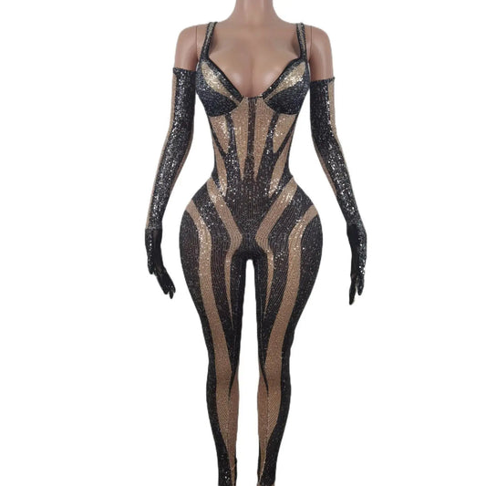 Sexy Sequin Jumpsuit Gloves Woman Nightclub Leotard Dance Costume Birthday Party Wear Pole Dance Drag Queen Clothes Heidiaodai