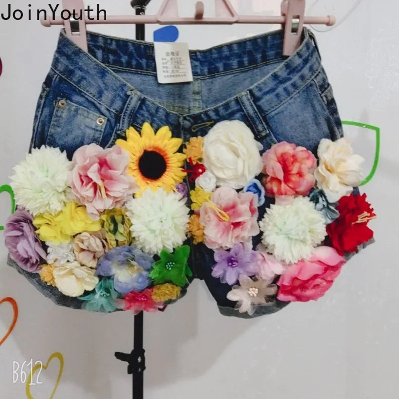 Denim Shorts Women Clothing Streetwear Fashion Jean Shorts 2025 New Bottoms Beading 3D Floral Casual Pantalones Cortos De Mujer