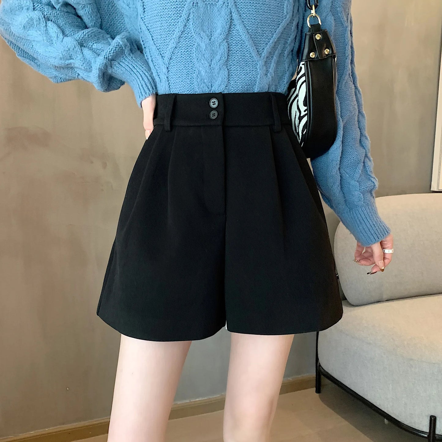 Woolen Boot Pants Wide-leg Pants  Women with High Waist Slim Solid Color Shorts Casual and Versatile Fashion