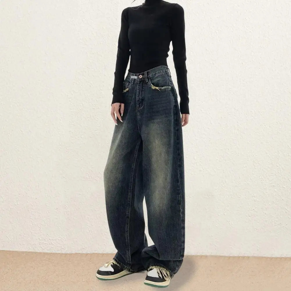 Women's Harajuku Style Loose Wide Leg Jeans Pants Autumn Winter American Fashion Retro Baggy Straight Loose Denim Trousers
