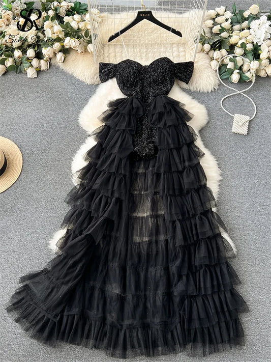 SINGREINY High Quality Cake Dress Fashion Strap Sequin Pachwork Mesh Design Women Temperament Sleeveless Autumn Shiny Long Dress