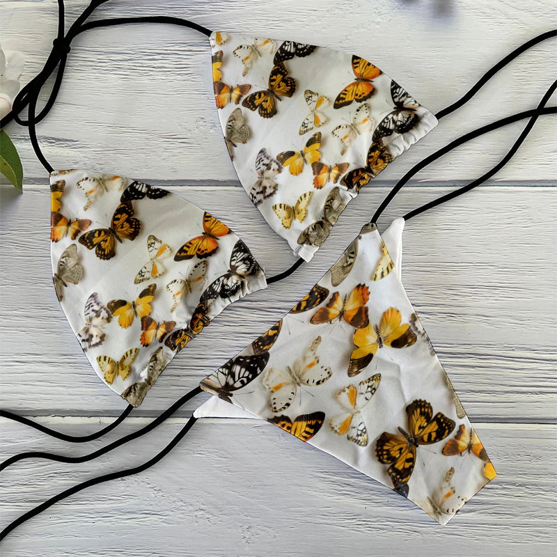 Funny colorful butterfly pattern bikini set swimsuit beach surfing vacation ladies deep V butterfly print bikini fashion gift