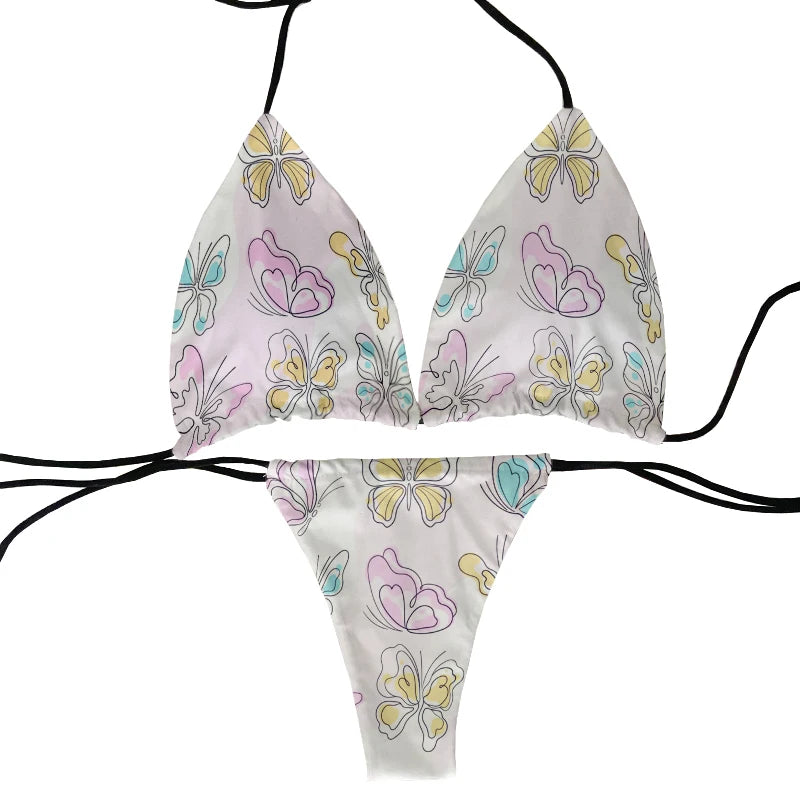 Funny colorful butterfly pattern bikini set swimsuit beach surfing vacation ladies deep V butterfly print bikini fashion gift