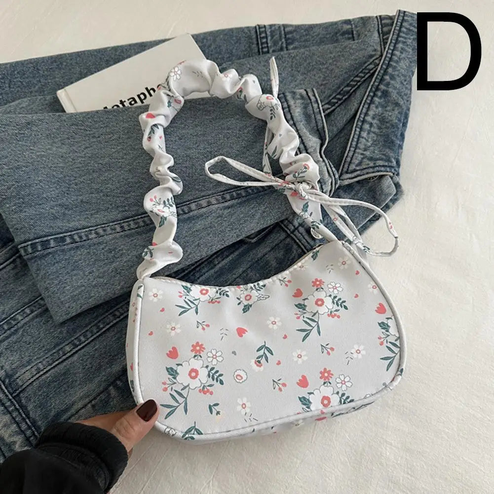 Women's Small Corduroy Handbag - Cute Pleated Shoulder Bag with Half-Moon Flower Print