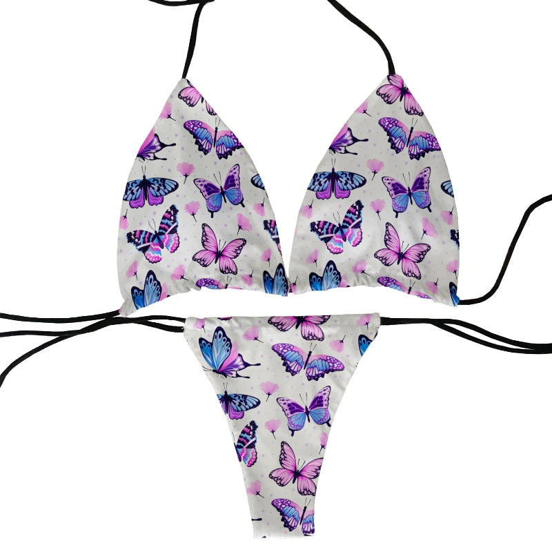Funny colorful butterfly pattern bikini set swimsuit beach surfing vacation ladies deep V butterfly print bikini fashion gift