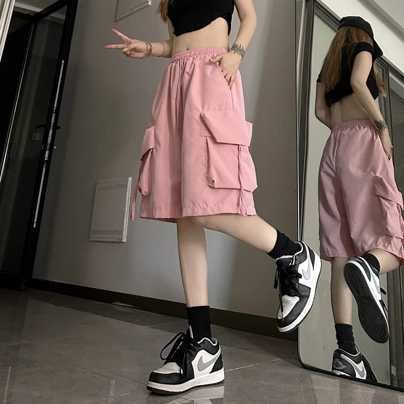 Gidyq Women High Waist Cargo Shorts American Style Streetwear Summer Wide Leg Pants Fashion Female Big Pocket Loose Shorts New