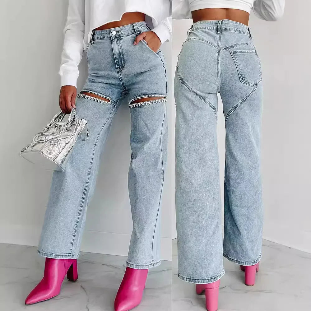 Fashionable Casual Women's Jeans Hole Design Straight Leg Spring Summer 2024 Cross-Border Independent Station Wish