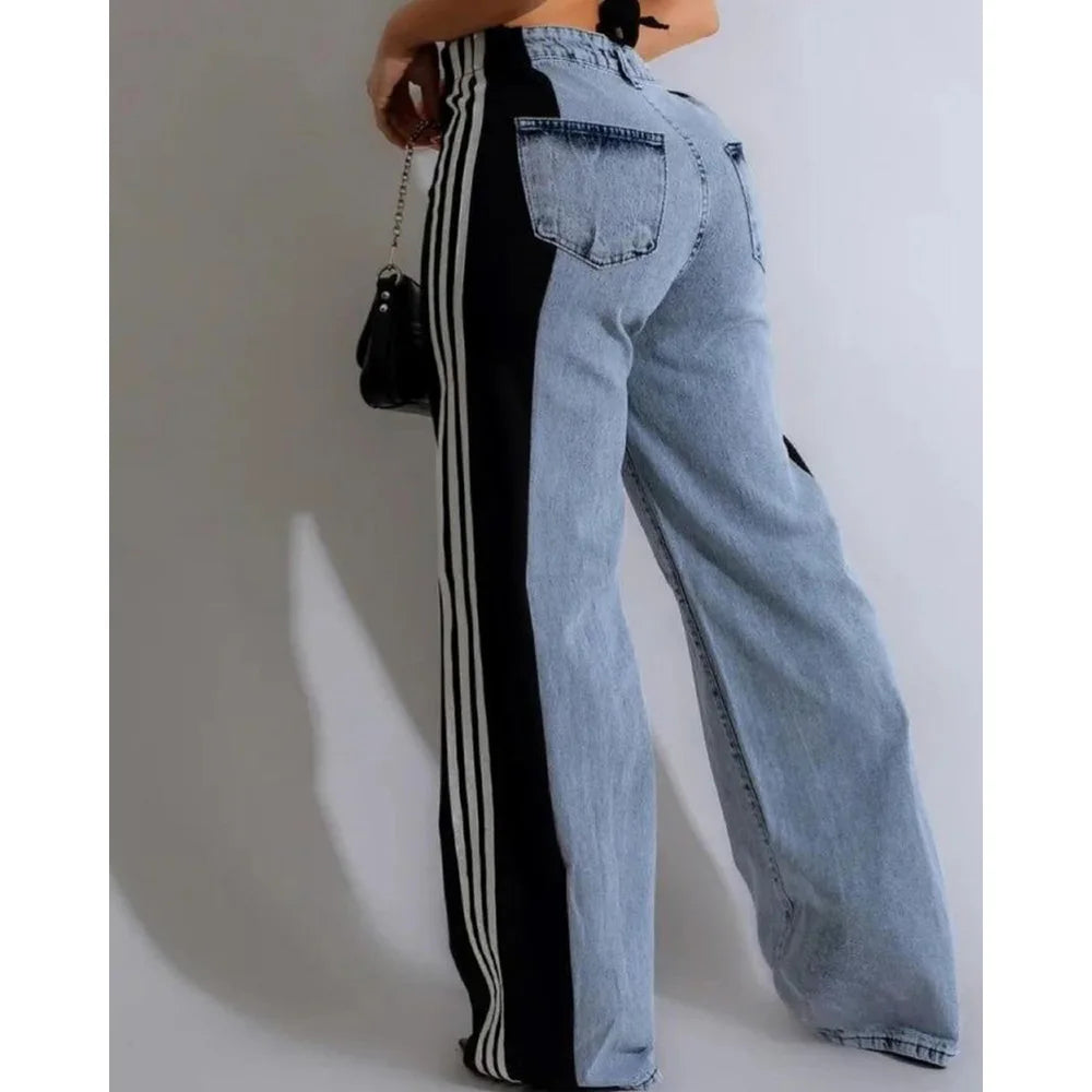 Fashion splicing three stripe wide leg denim pants for women's new casual high waisted elastic straight leg jeans streetwear