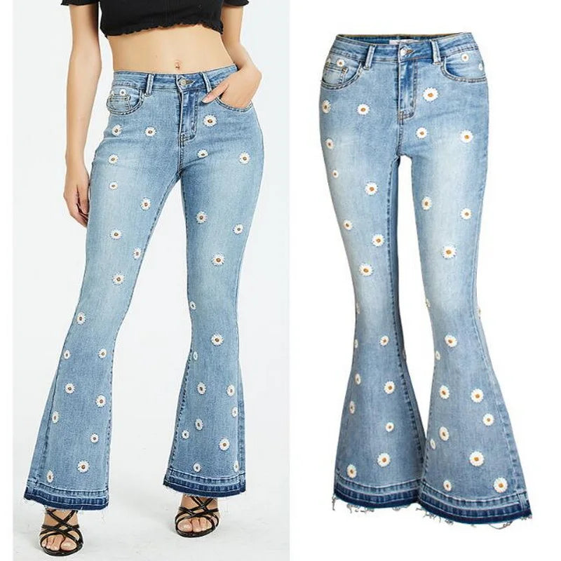 Women's Jeans Embroidered Flower Flared Denim Pants Multiple Styles Flared Jeans For Choose