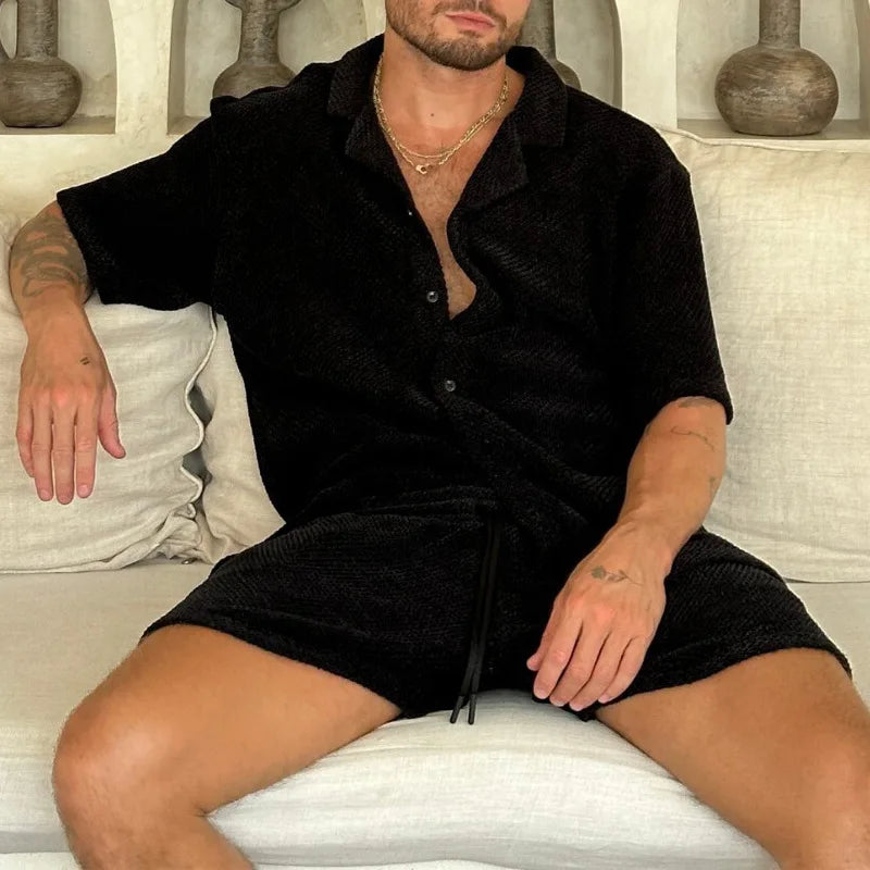 2024 Men's Summer New Style Casual Suit, Slim Fit, Lapel Short-sleeved Button-down Shirt Tops, Drawstring Short-sleeved Set