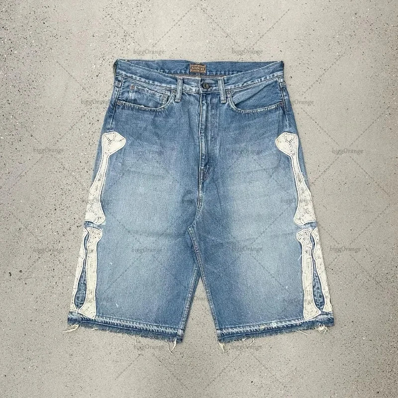 Y2k High Street Hip Hop Rock Fashion Shorts Men Skull Embroidered Oversized Denim Shorts High Waist Loose Casual Pants Women