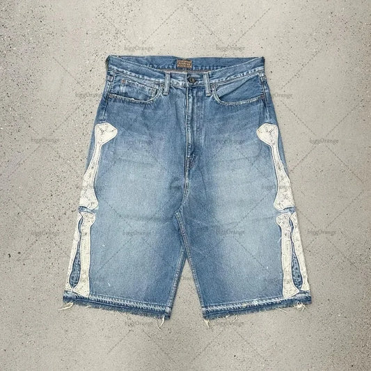 Y2k High Street Hip Hop Rock Fashion Shorts Men Skull Embroidered Oversized Denim Shorts High Waist Loose Casual Pants Women