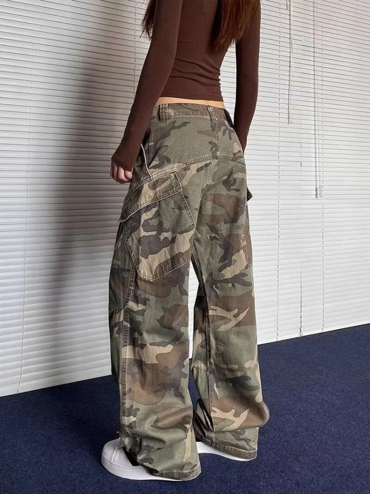 2024 Cyber Y2K Streetwear Washed Camouflage Pleated Baggy Jeans Cargo Pants For Women Clothes Underwear Lady Casual Trousers