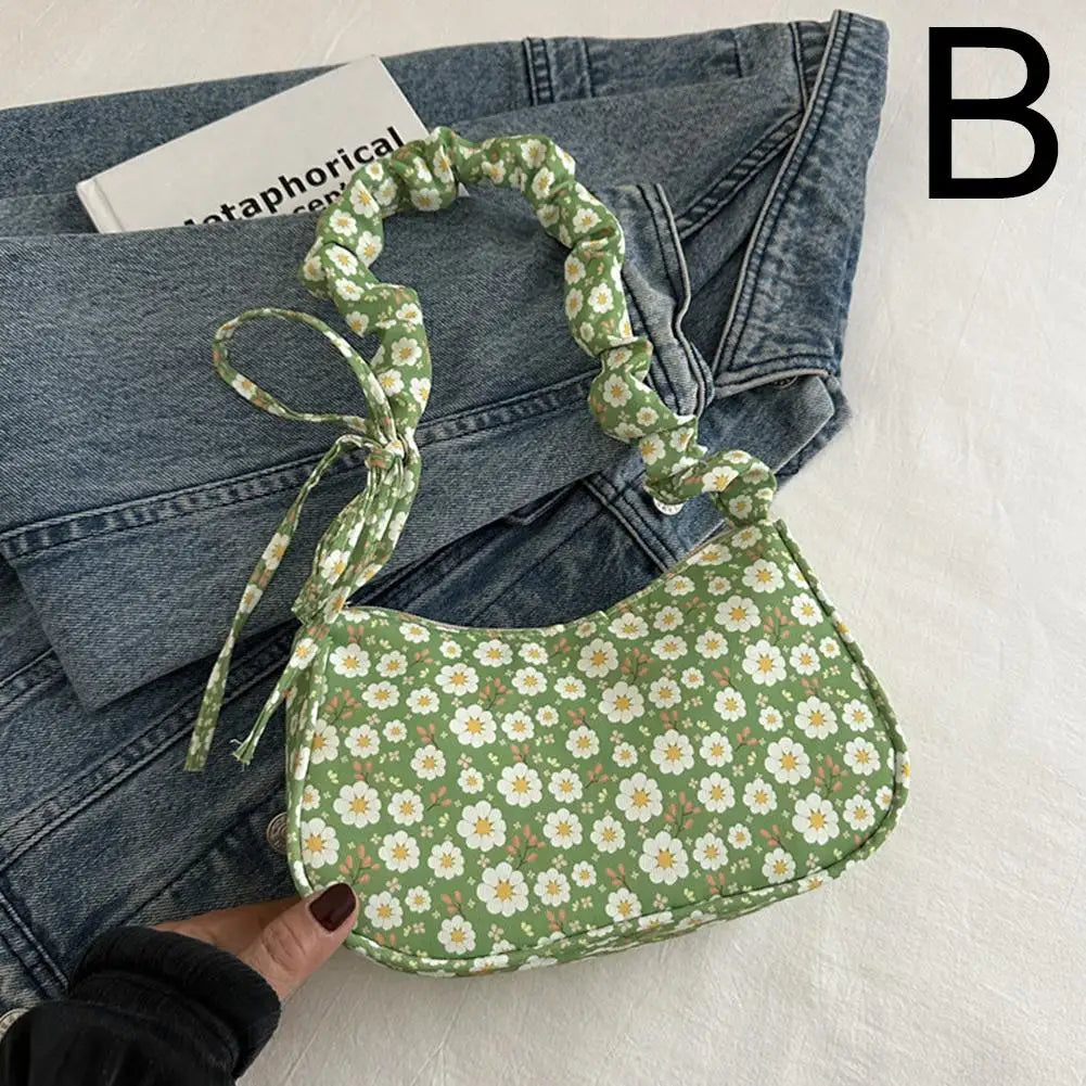 Women's Small Corduroy Handbag - Cute Pleated Shoulder Bag with Half-Moon Flower Print