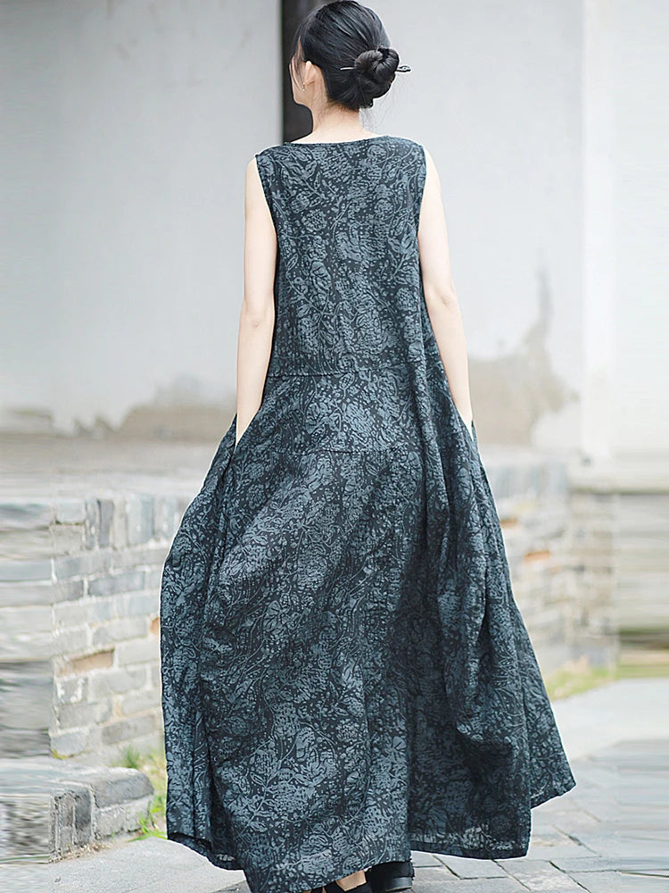 100% Cotton Women Casual Holiday Dress New Arrival 2025 Summer Vintage Style O-neck Print Loose Ladies A-line Long Dresses M919