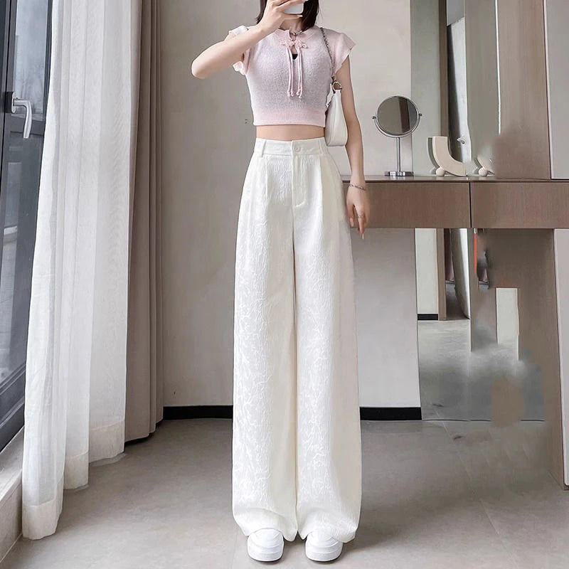 New Chinese Style White Satin Suit Wide-leg Pants  Women's Season Thin Narrow Version Straight Wide-leg Pants