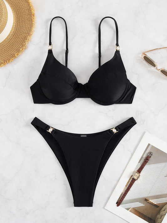 Sexy Pearl Thong Bikini 2025 Women Black Push Up Underwire Micro Swimsuit Brazilian Beach Bathing Suit 2 Piece Swimwear Biquini
