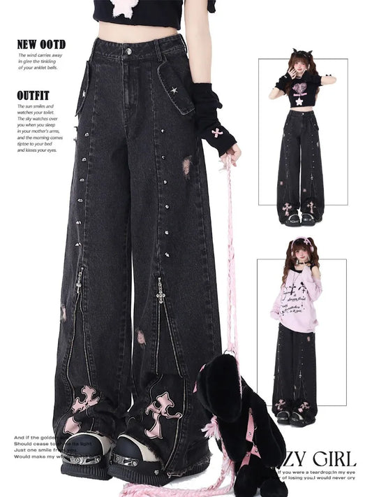 Women's Baggy Pants Punk Y2K Denim Jeans High Street Patchwork Vintage Design Rocker Straight High Waist Printed Patch Raw Edges