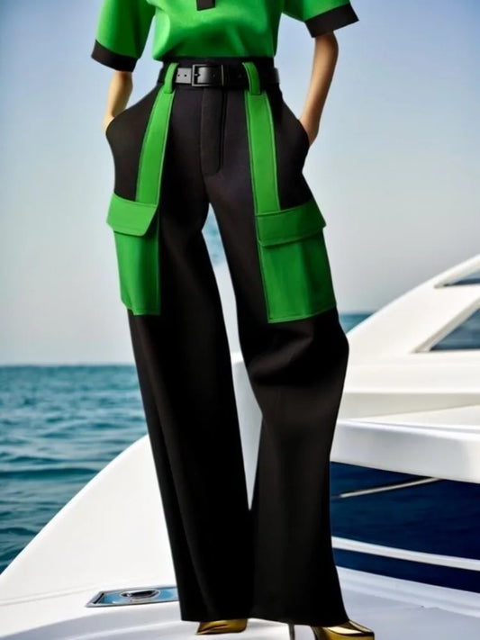 Beautyblue Fashion Woman Casual Pants Wide Leg Trousers 2025 Loose Contrast Color No Belt Pockets Black Green Bottoms Streetwear