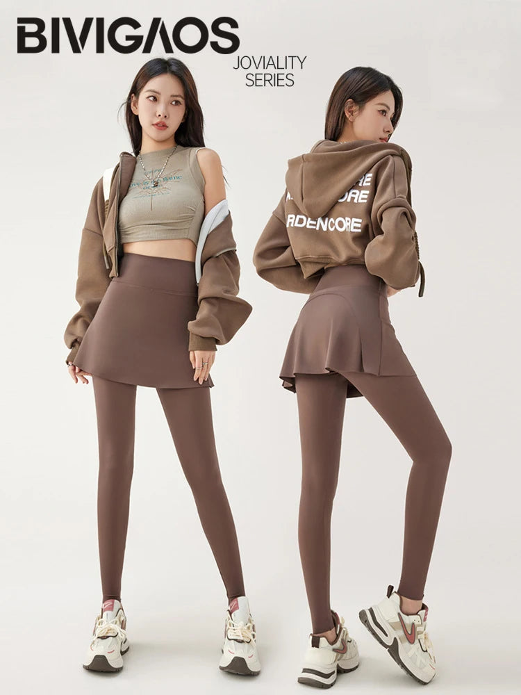 BIVIGAOS 2024 Spring Summer New Sports Yoga Leggings Culottes Women Fake Two-Piece Pants Skirt High Waist Shark Leggings
