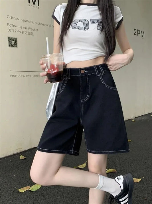 Women's Bright Line Decoration Black Denim Shorts Summer Young Girl Casual Bottom Female High Waisted Straight Knee Length Pants
