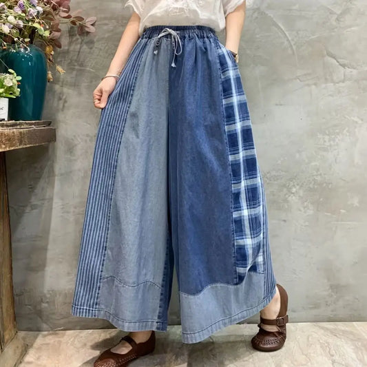 Plaid Loose Elegant Calf Length Pants Summer Wide Leg High Waist Women Cargo Straight Long Trousers Party New 2024 Y2k Capris