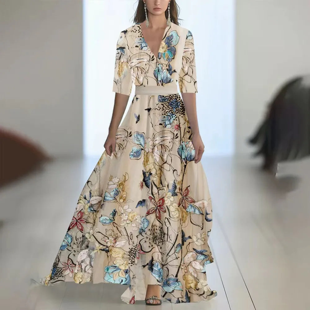 Rochie de vară elegantă cu mânecă lungă și imprimeu floral, casual, cu imprimeu floral, talie înaltă, stil streetwear