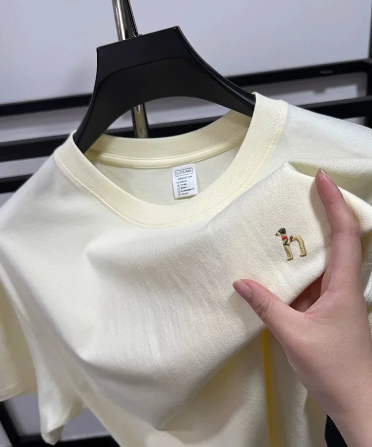 100% pure cotton new high-end brand men's round neck short sleeved T-shirt summer fashion dog embroidery Korean loose design top