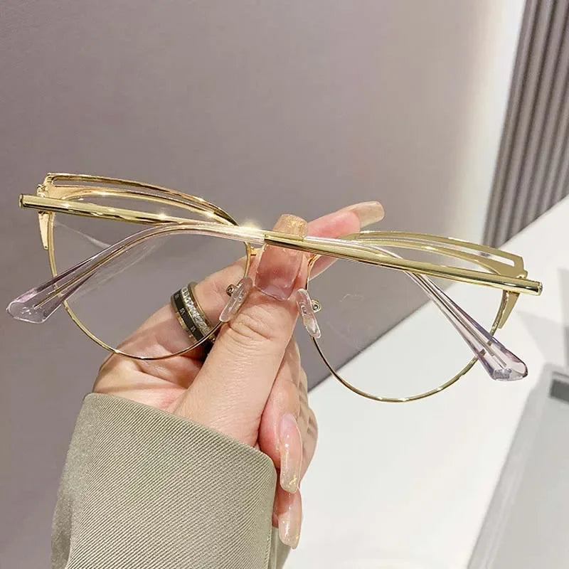 Fashionable New Cat-eye Plain Glasses Frame Women's Metal Hollowed Out Optical Spectacle Eyeglass Anti-blue Light Glasses