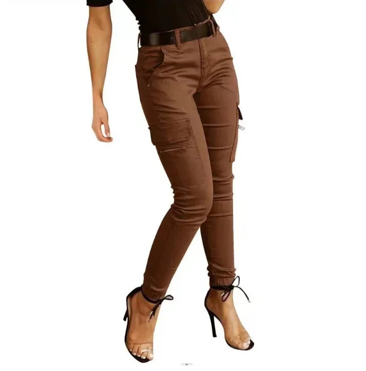 Pockets Small Feet Slim Fit Trousers Women Streetwear Cargo Pants Women Low Waist Button Solid Color