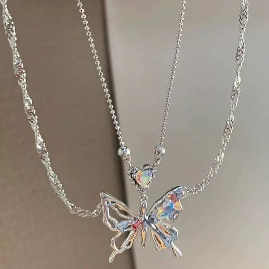Y2K Crystal Butterfly Pendant Necklace Women Light Luxury Egirl Punk Heart Grunge Clavicle Chain Fashion Jewelry Party Gift 2023
