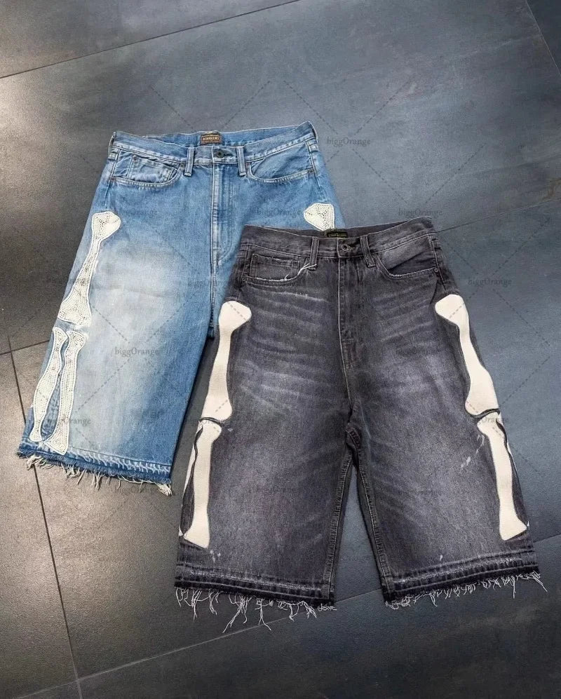 Y2k High Street Hip Hop Rock Fashion Shorts Men Skull Embroidered Oversized Denim Shorts High Waist Loose Casual Pants Women