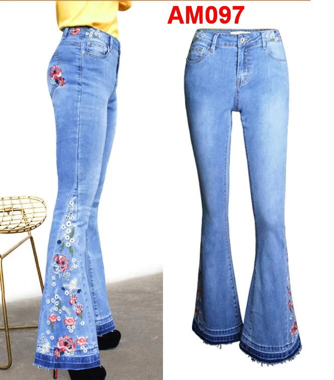 Women's Jeans Embroidered Flower Flared Denim Pants Multiple Styles Flared Jeans For Choose